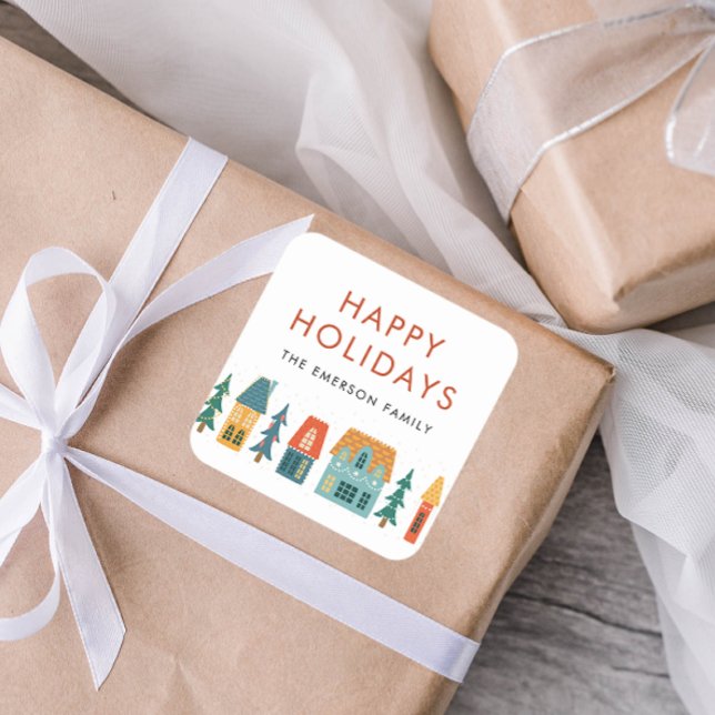 Glada Högtider Vinterdekaler Fyrkantigt Klistermärke (Happy Holidays Retro Chic Houses Square Envelope Seal Gift Sticker by Painted Paperie)