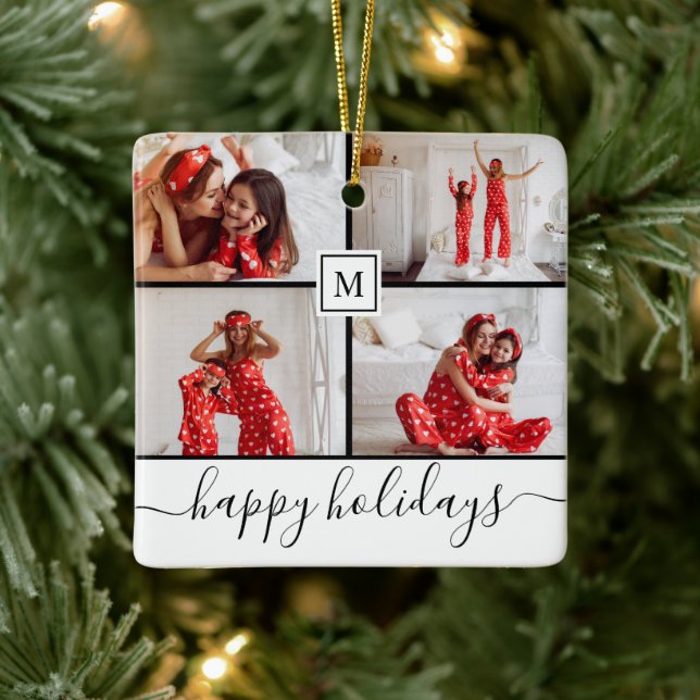 Glada högtider Vit familjefoto Collage Monogram Julgransprydnad Keramik (Träd)
