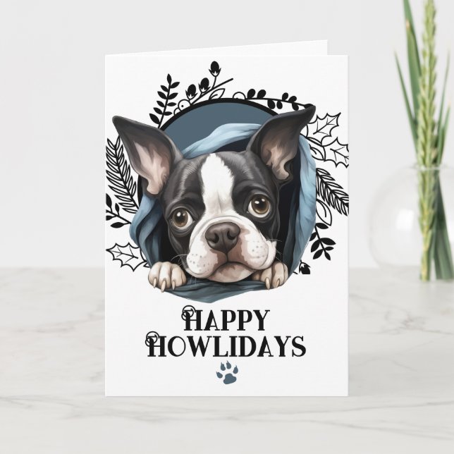 Glada Howlidays Boston Terrier Hund Jul Helgkort (Framsida)