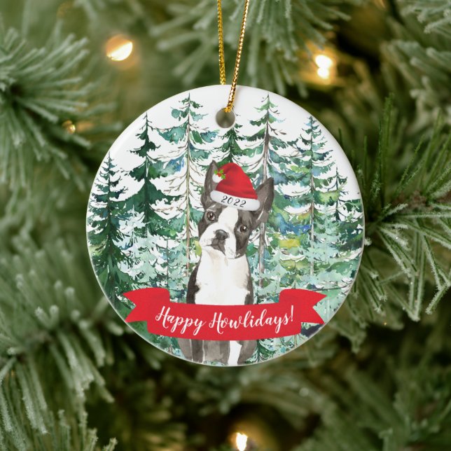 Glada Howlidays Boston Terrier Hund Jul Ornament (Träd)