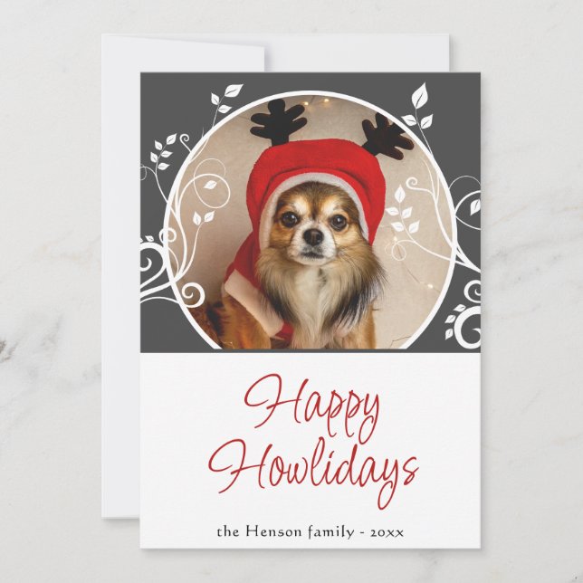 Glada Howlidays Grå Lövverk Hund Namn Foto  Julkort (Framsida)