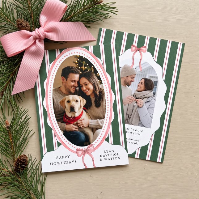 Glada Howlidays Rosa Bow Pet Hund Foto Julkort (Green Stripe Oval Photo Christmas Card - Preppy Coquette Holiday Collection by Darling & May)