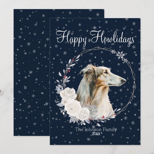 Glada Hurdagar Söt Borzoi Hund Julkort (Fram/baksida)