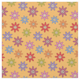 Glada leende färgglada Retro blommor på gul bakgru Tyg