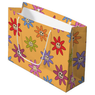 Glada leende retro blommor på gul bakgrund