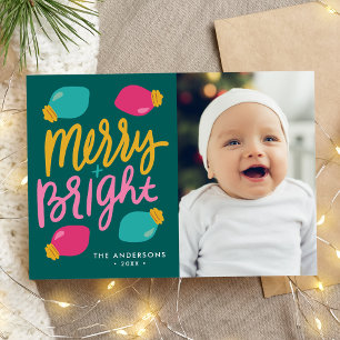 Glada och ljusa färgglada julbelysningsfoto julkort