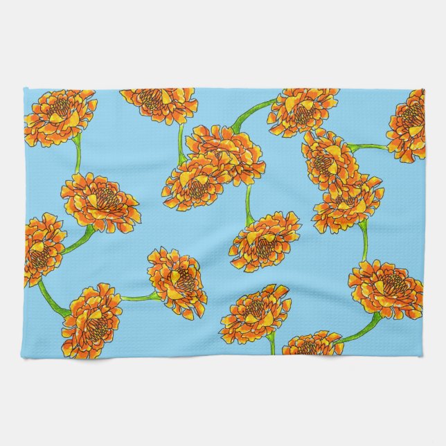 Glada Orange Marigolds på Himmelblå Botanik Kökshandduk (Horisontell)