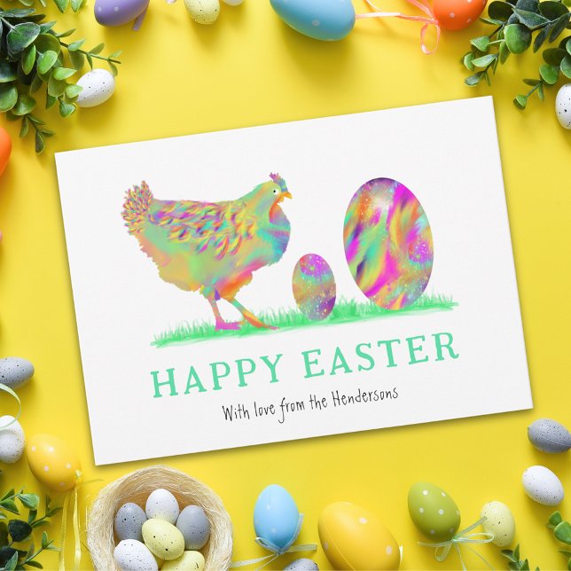 Glada påskägg kyckling akvarell budget (Personalized happy Easter cute colorful hen and eggs watercolor holiday greetings card)