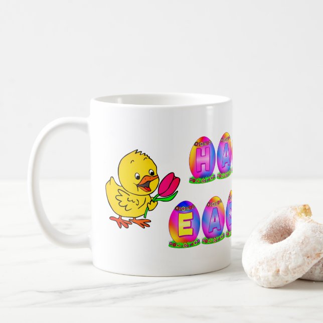 Glada påskägg med gul kyckling & tulpan kaffemugg (Med munk)