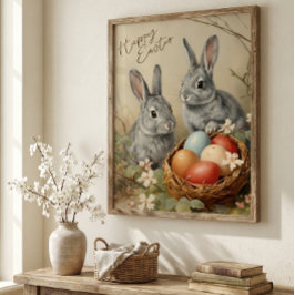 Glada påskharar med påskägg i korg poster
