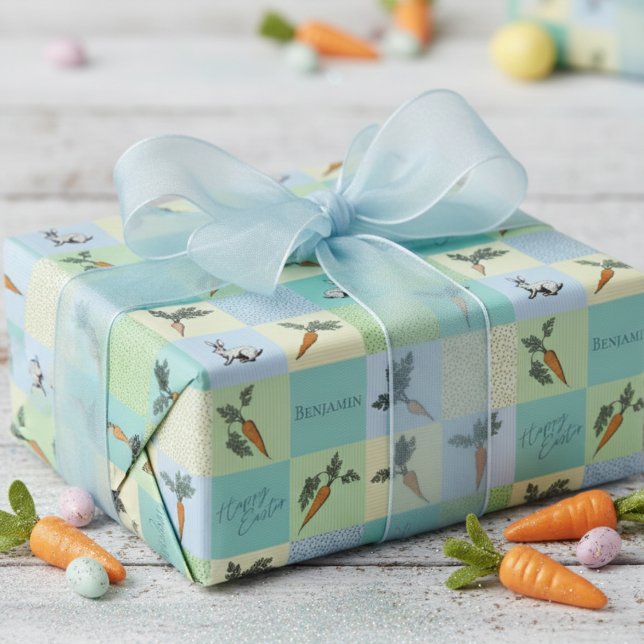 Glada påskharar och morötter Mönster Presentpapper (Colorful Happy Easter Wrapping Paper for Kids. Adorable Bunnies & Carrot Veggies Blue Pattern)