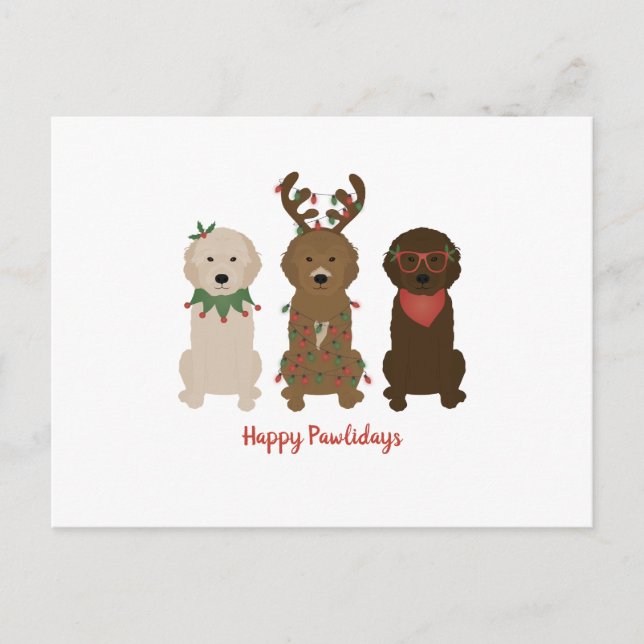 Glada Pawlidays Goldendoodle Julbelysning Vykort (Framsida)
