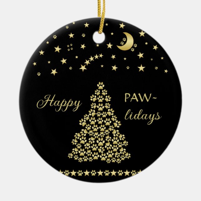 Glada Pawlidays, Guld glänsande Paw julgran Julgransprydnad Keramik (Framsidan)