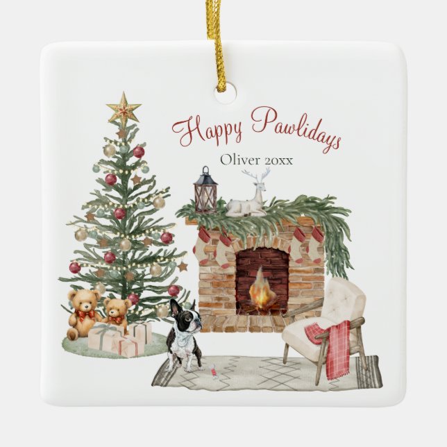 Glada Pawlidays Hund Design- Boston Terrier Julgransprydnad Keramik (Framsida)