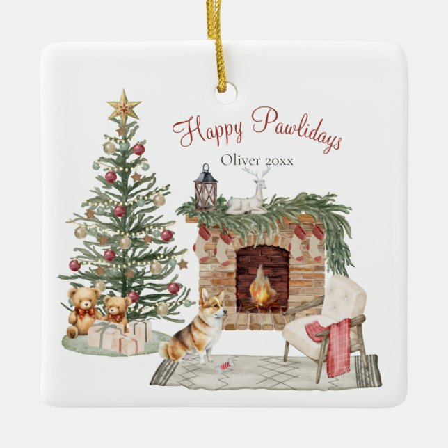 Glada Pawlidays Hund Design- Corgi Julgransprydnad Keramik (Framsida)
