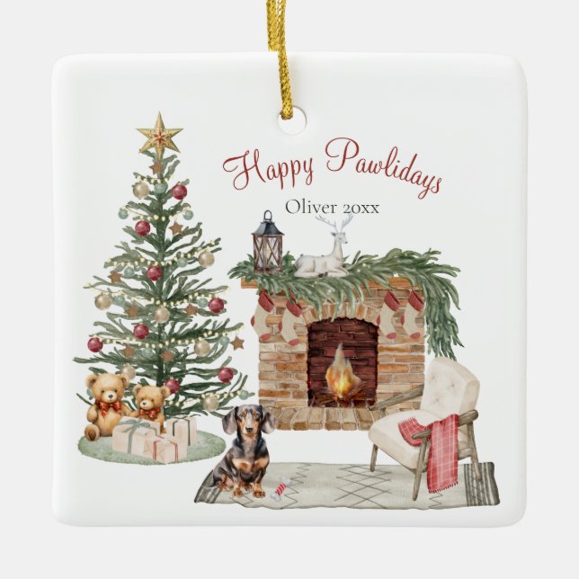 Glada Pawlidays Hund Design- Dachshund Julgransprydnad Keramik (Framsida)