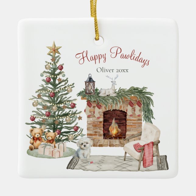 Glada Pawlidays Hund Design- Malteser Julgransprydnad Keramik (Framsida)