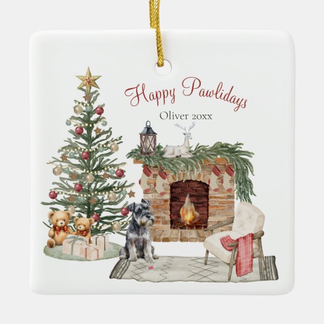 Glada Pawlidays Hund Design - Miniature Schnauzer Julgransprydnad Keramik (Framsida)