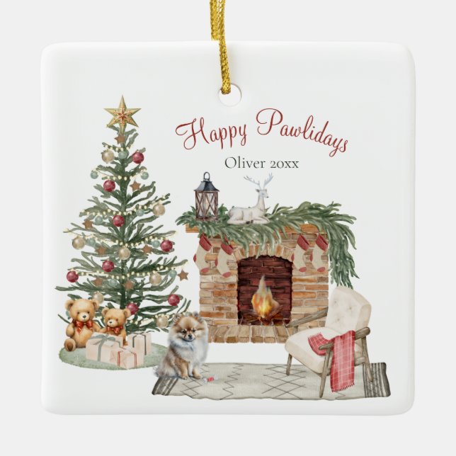 Glada Pawlidays Hund Design- Pomeranian Julgransprydnad Keramik (Framsida)