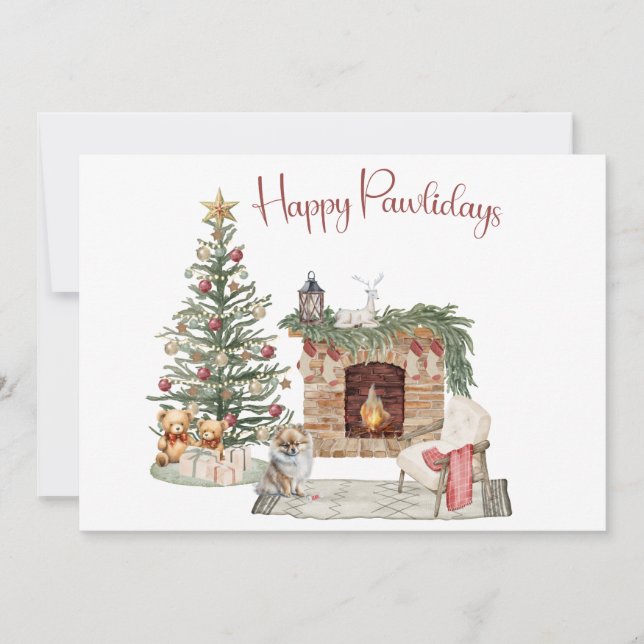 Glada Pawlidays Hund Design- Pomeranian Julkort (Framsida)