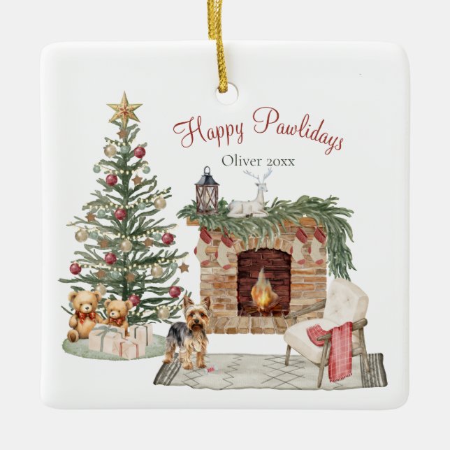 Glada Pawlidays Hund Design- Yorkie Julgransprydnad Keramik (Framsida)