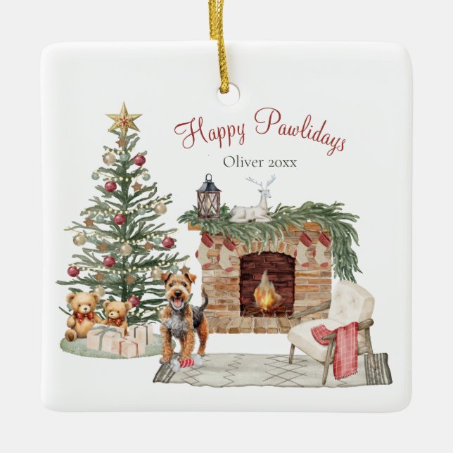 Glada Pawlidays Hunddesign - Airedale Julgransprydnad Keramik (Framsida)