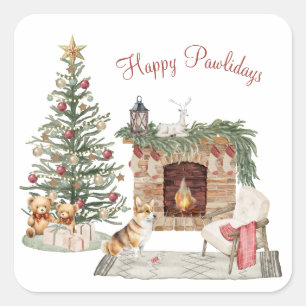 Glada Pawlidays Hunddesign - Corgi Fyrkantigt Klistermärke