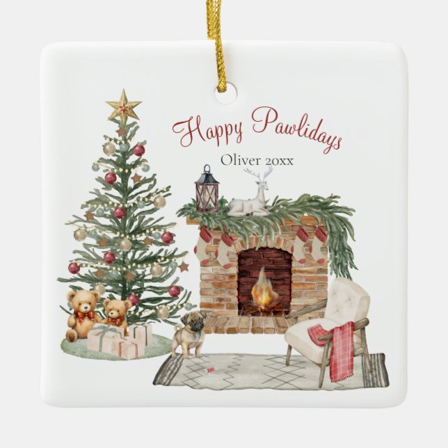 Glada Pawlidays Hunddesign- Pug Julgransprydnad Keramik (Framsida)