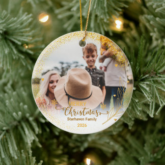 Glada Prydnadsfoto Familjenamn och år Guld Julgransprydnad Keramik
