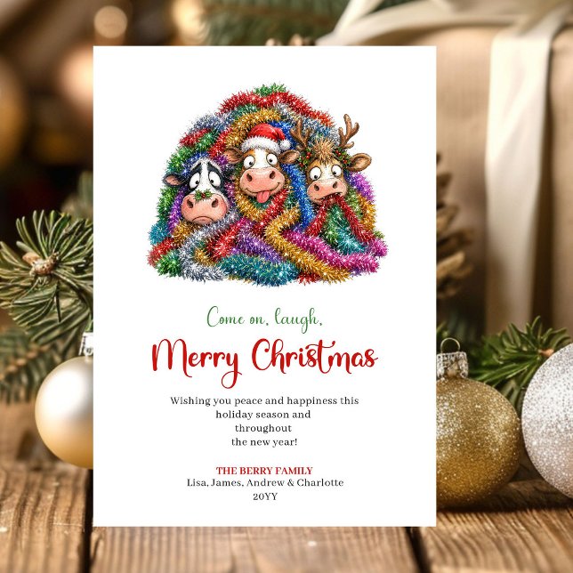 Glada roliga kor serieteckning jul gratulationskor julkort (Happy Funny Cows Cartoon Christmas Greeting Card Design)
