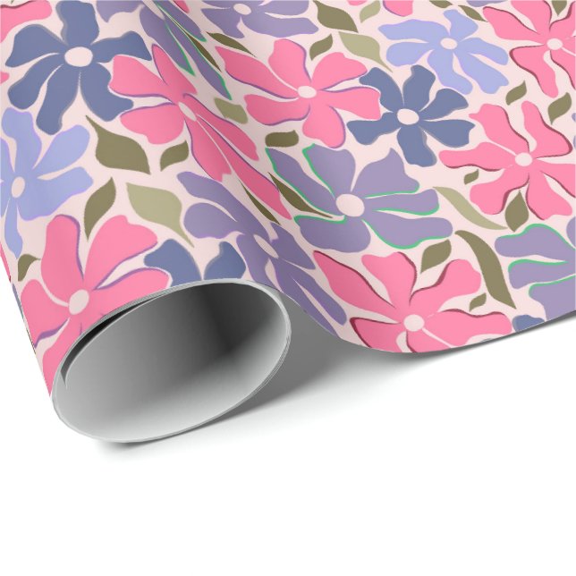 Glada rosa och lila abstrakta blommor presentpapper (Rullad Hörn)