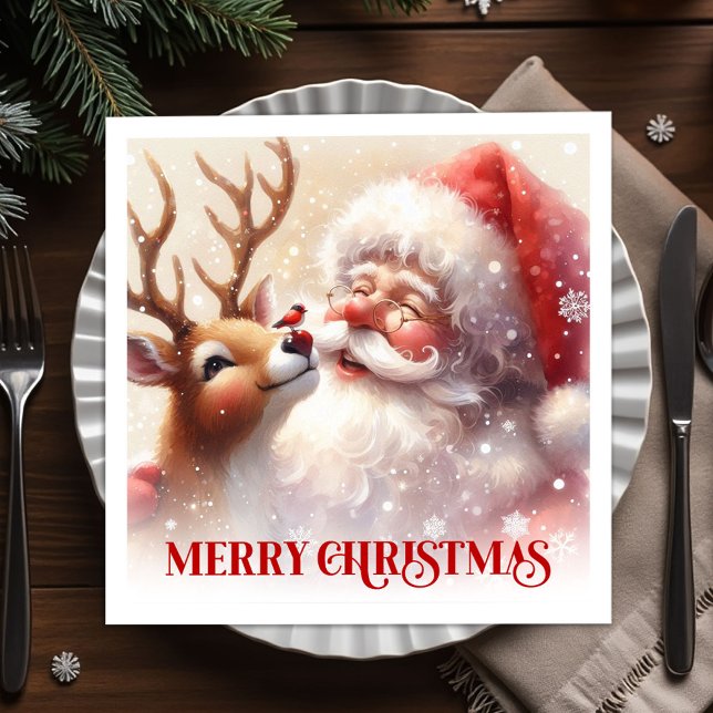 Glada Santa Rudolph Holiday Borddukduk Pappersservett (Happy Santa Rudolph Holiday Table Napkins)