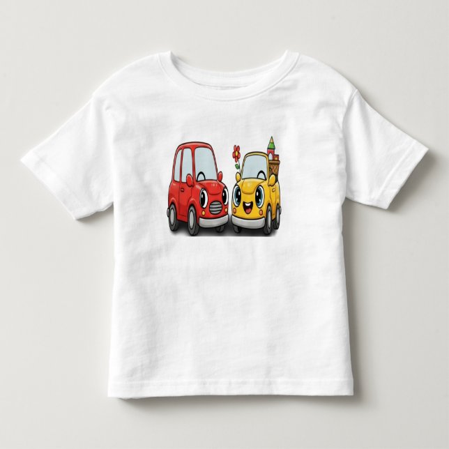 Glada Små Bilar: Röda och Gula Bästa Vänner T Shirt (Framsida)