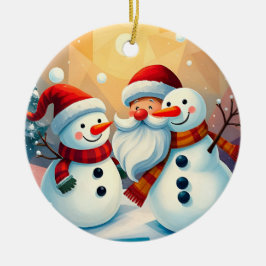 Glada Snögubbar och Tomte som njuter Julgransprydnad Keramik