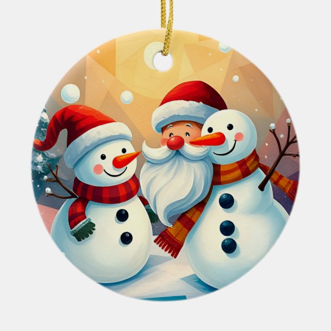 Glada Snögubbar och Tomte som njuter Julgransprydnad Keramik (Framsidan)