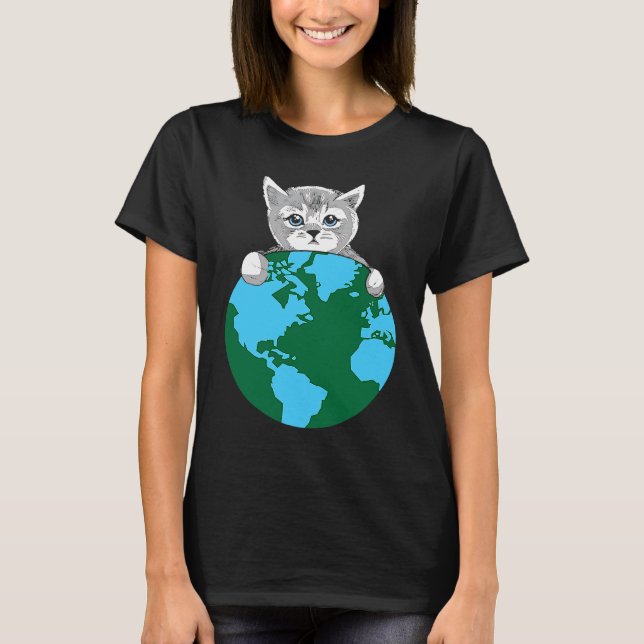 Glada söta katt skyddar jordens dag t shirt (Framsida)