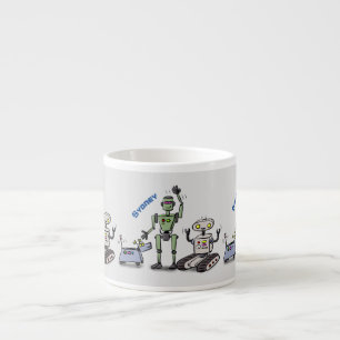 Glada söta robotar trio tecknad film espressomugg