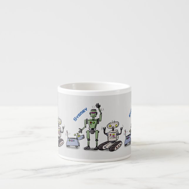 Glada söta robotar trio tecknad film espressomugg (Framsidan)