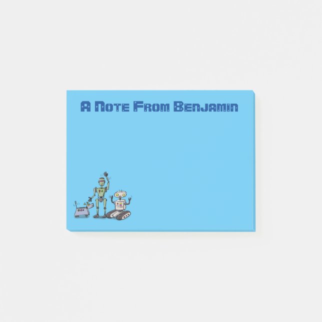 Glada söta robotar trio tecknad film post-it block (Framsida)