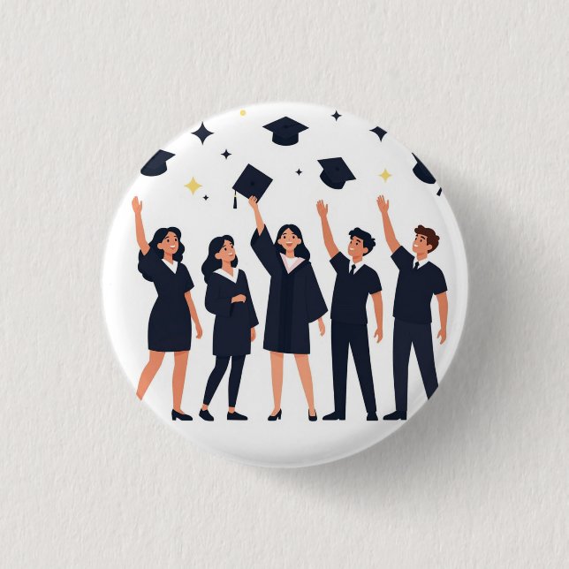 Glada studenter firar med att kasta mössor knapp (Framsida)