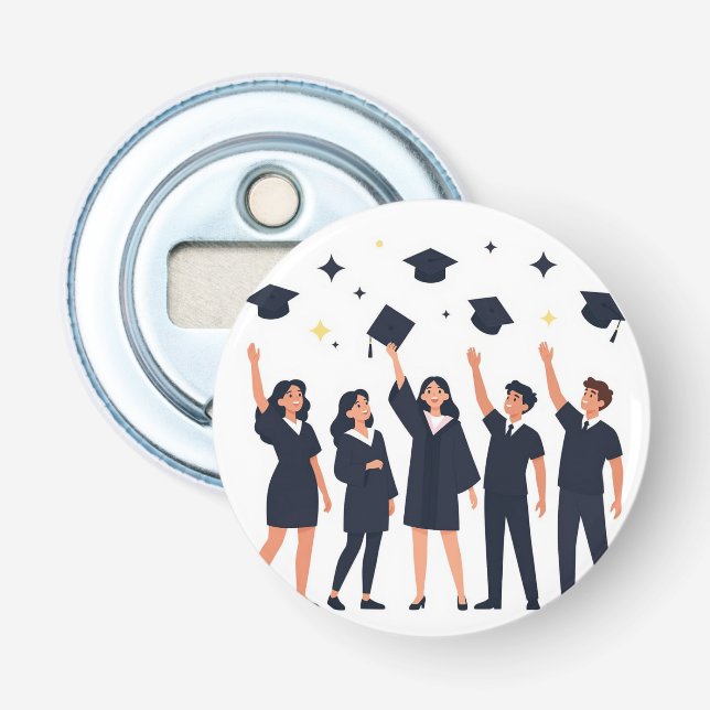 Glada studenter som firar med att kasta mössor flasköppnare (Framsidan)