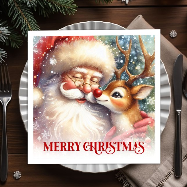 Glada tomte Rudolf juldukstolar Pappersservett (Cheerful Santa Rudolph Christmas Table Napkins)