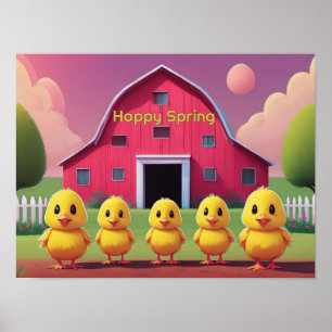 Glada vårkycklingar på gårdsplanen poster