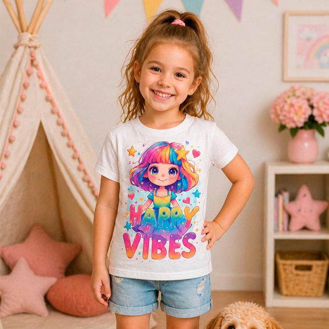 Glada vibrationer Färgglatt Sött Serieteckning Fli T Shirt (Skapare uppladdad)