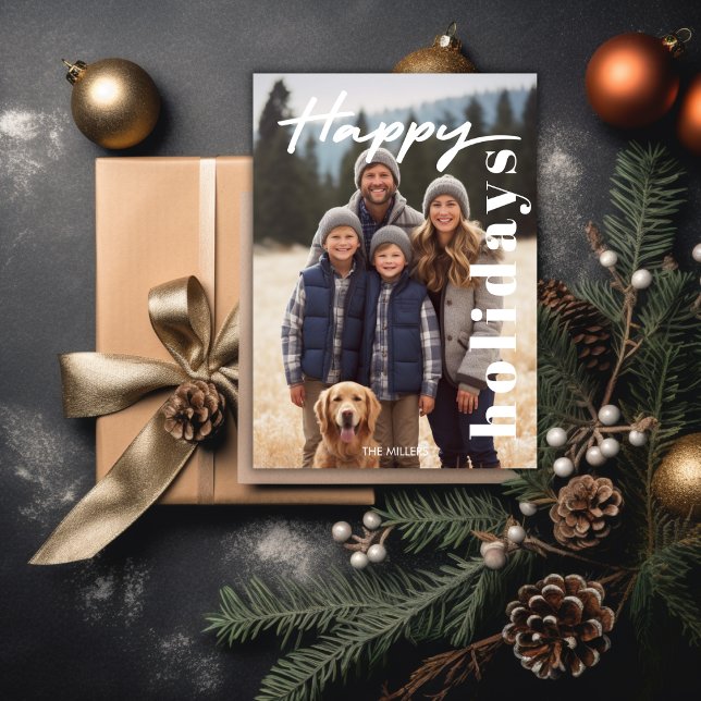 Gladast jul Semester Navy Plaid Tartan 1 Foto Mode Julkort (Happiest Holidays Navy Plaid Tartan 1 Photo Modern Holiday Card)