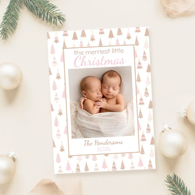 Gladaste lilla julbarn julkort (Baby's first Christmas card with a photo and neutral and pink christmas trees)