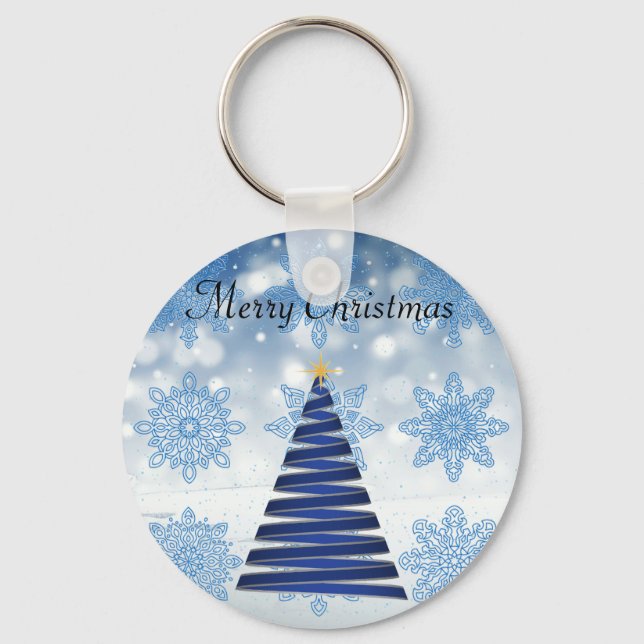 Gladblått Julgran, snöflingor Nyckelring (Framsida)