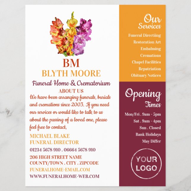 Gladiolus Flowers, begravningsplats, direktörer Reklamblad (Framsidan)