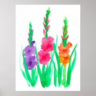 Gladiolus Flowers Lila Rosa Orange Vattenfärg Poster