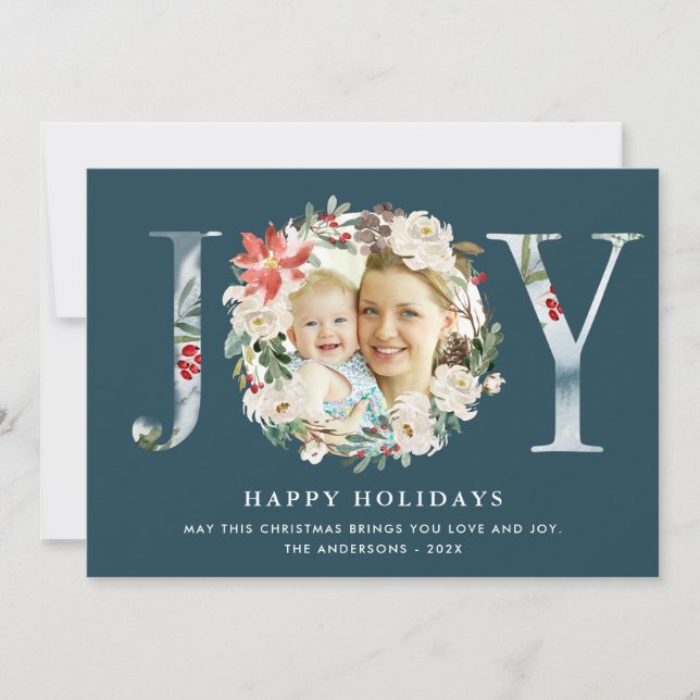 GLÄDJ Typografi Julstjärna Blommig Krans Foto Julkort (Framsida)